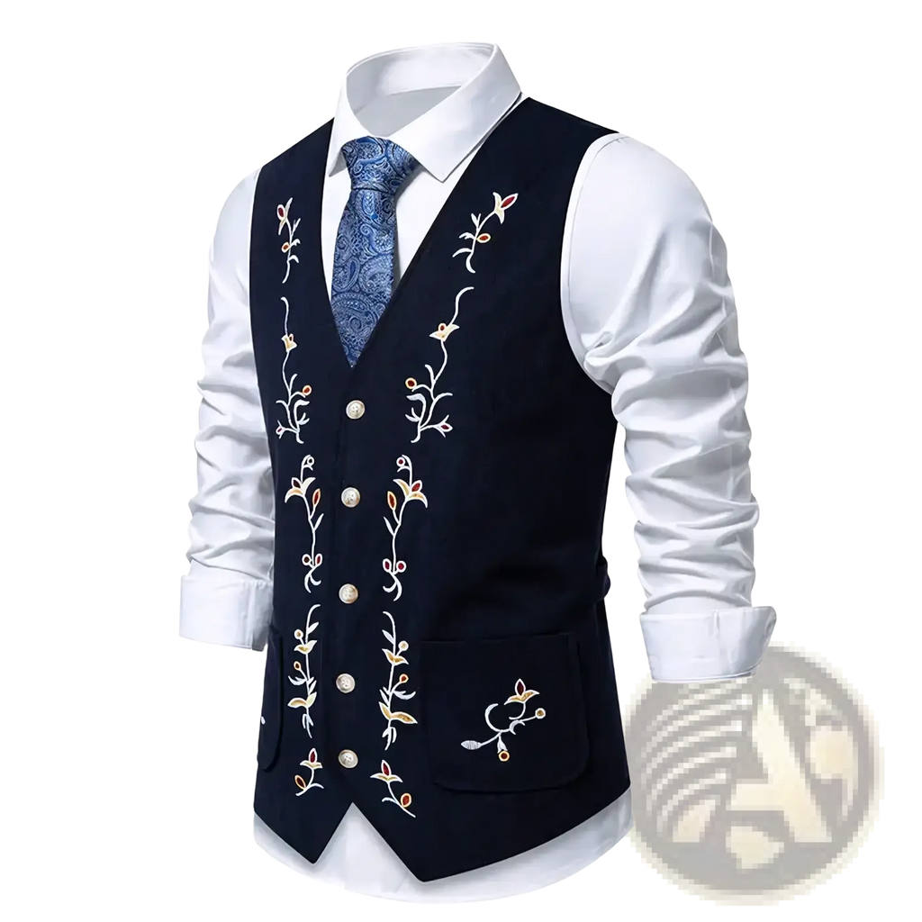 Navy blue slim fit velvet vest with white gold and orange floral embroidery for business wear men’s waistcoat