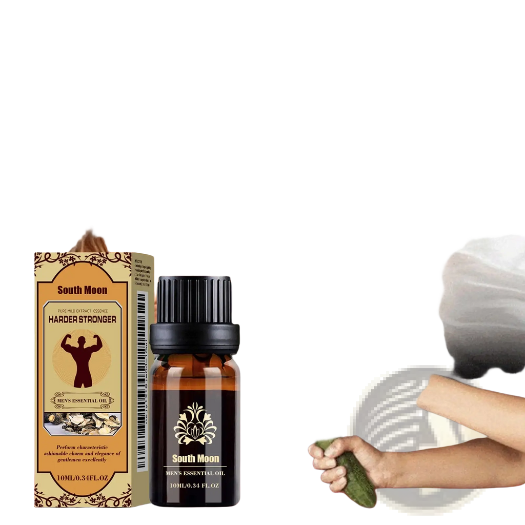 South moon men’s essential oil jojoba vitality in dark amber glass bottle with black ribbed cap and ornate gold label