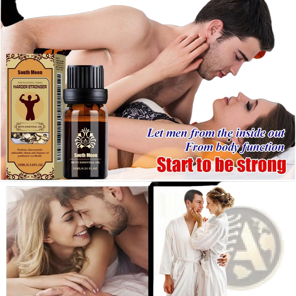 South moon men essential oil jojoba massage vitality in a dark amber glass bottle with black ribbed cap and gold foil label