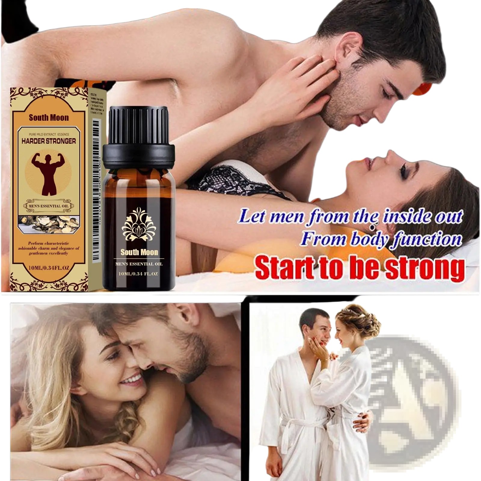South moon men essential oil jojoba massage vitality in a dark amber glass bottle with black ribbed cap and gold foil label