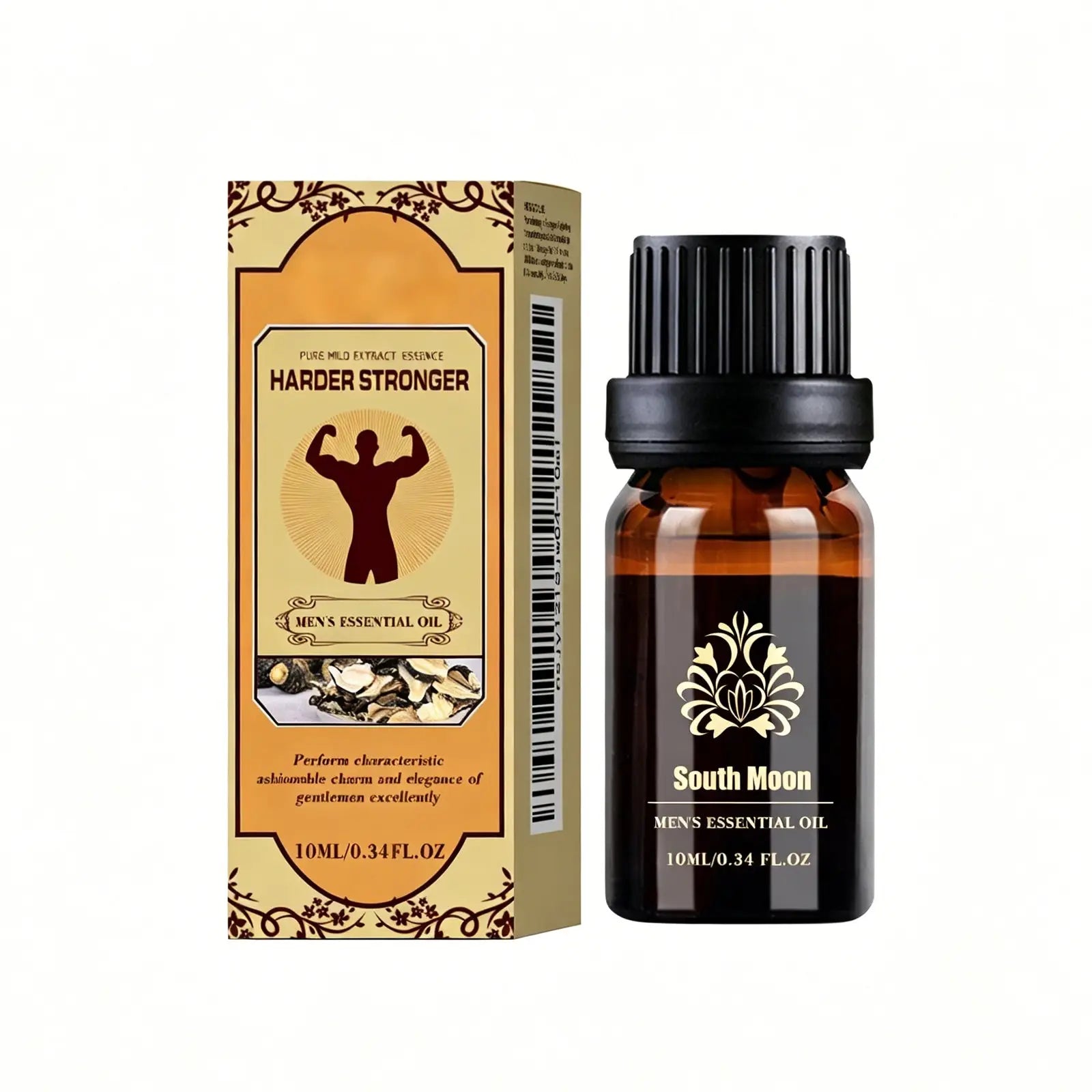 South moon men’s essential oil jojoba massage vitality in a 10ml dark amber glass bottle with black ribbed cap and gold foil branding