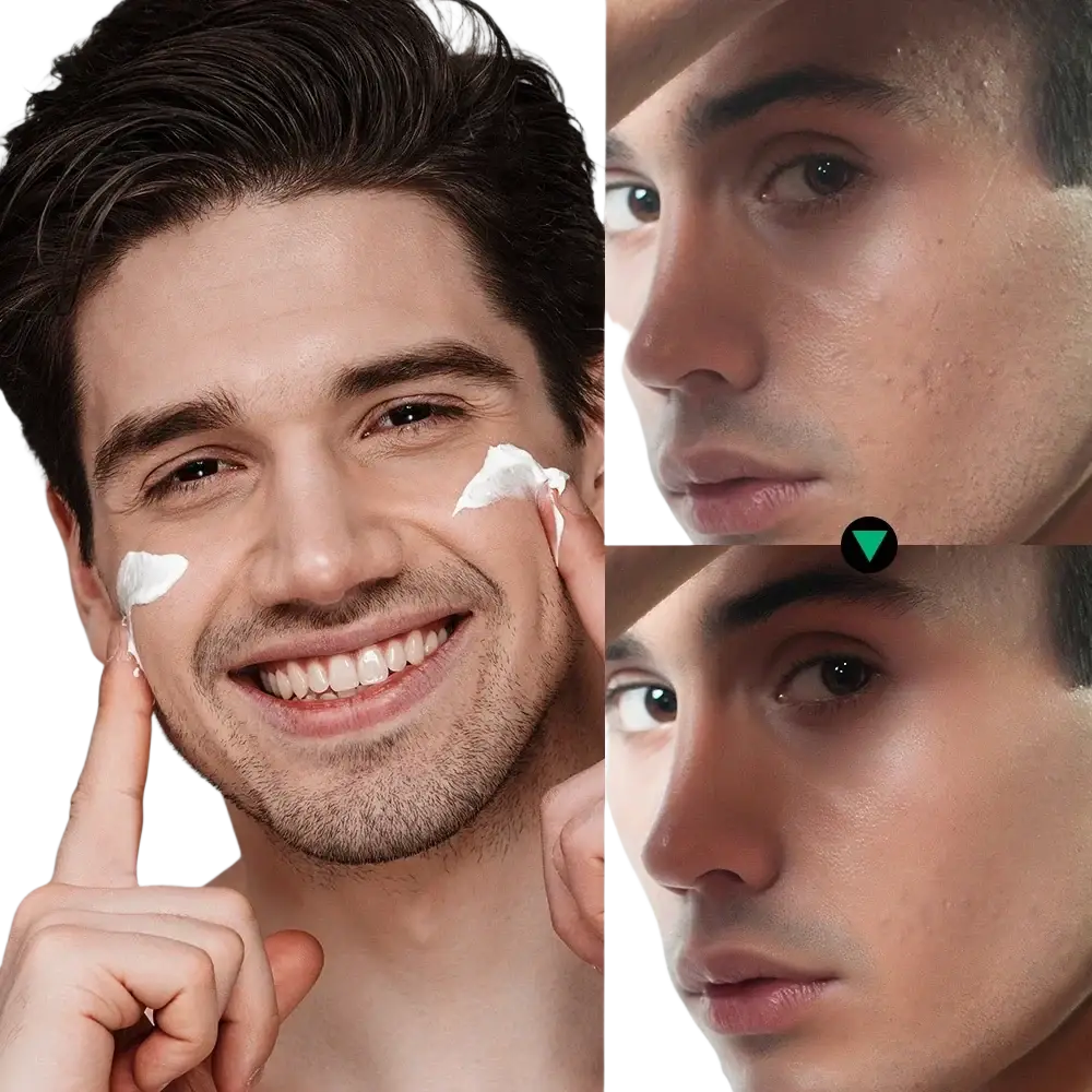 A man applying white facial foam to cheeks using a 22ml × 1pc and 15ml × 1pc men’s facial moisturizer kit