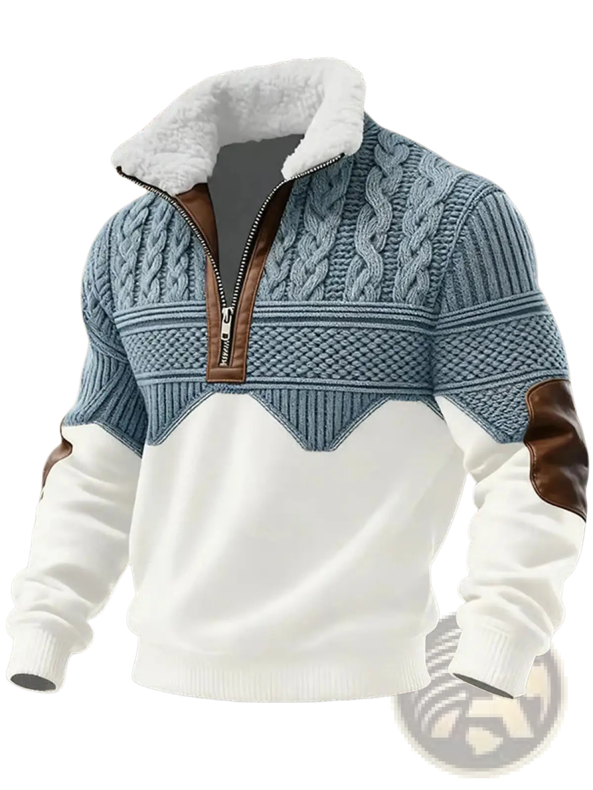 Men’s blue and white knit sweater with cable knit, faux fur trim collar, and brown leather zipper and sleeve accents