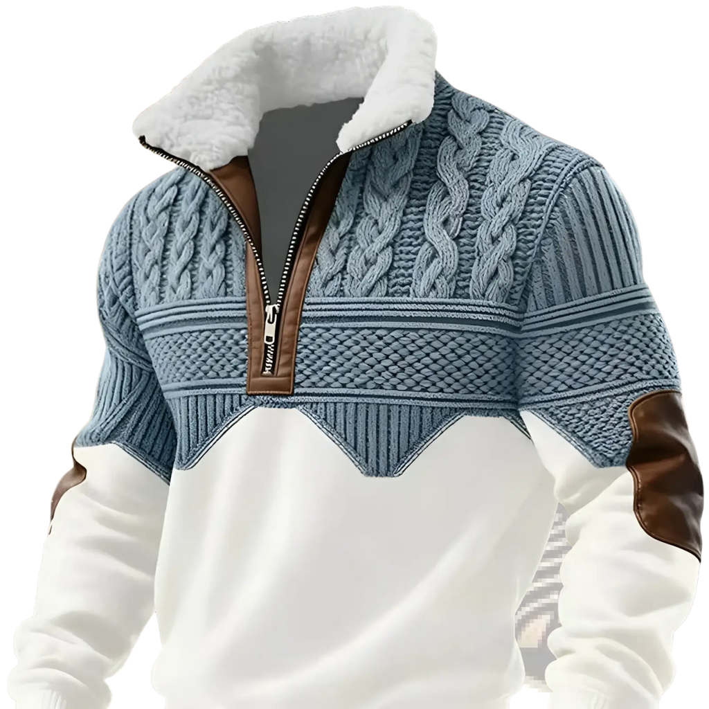 Men’s blue and white cable knit half zip sweater with faux fur collar and brown leather zipper and shoulder accents