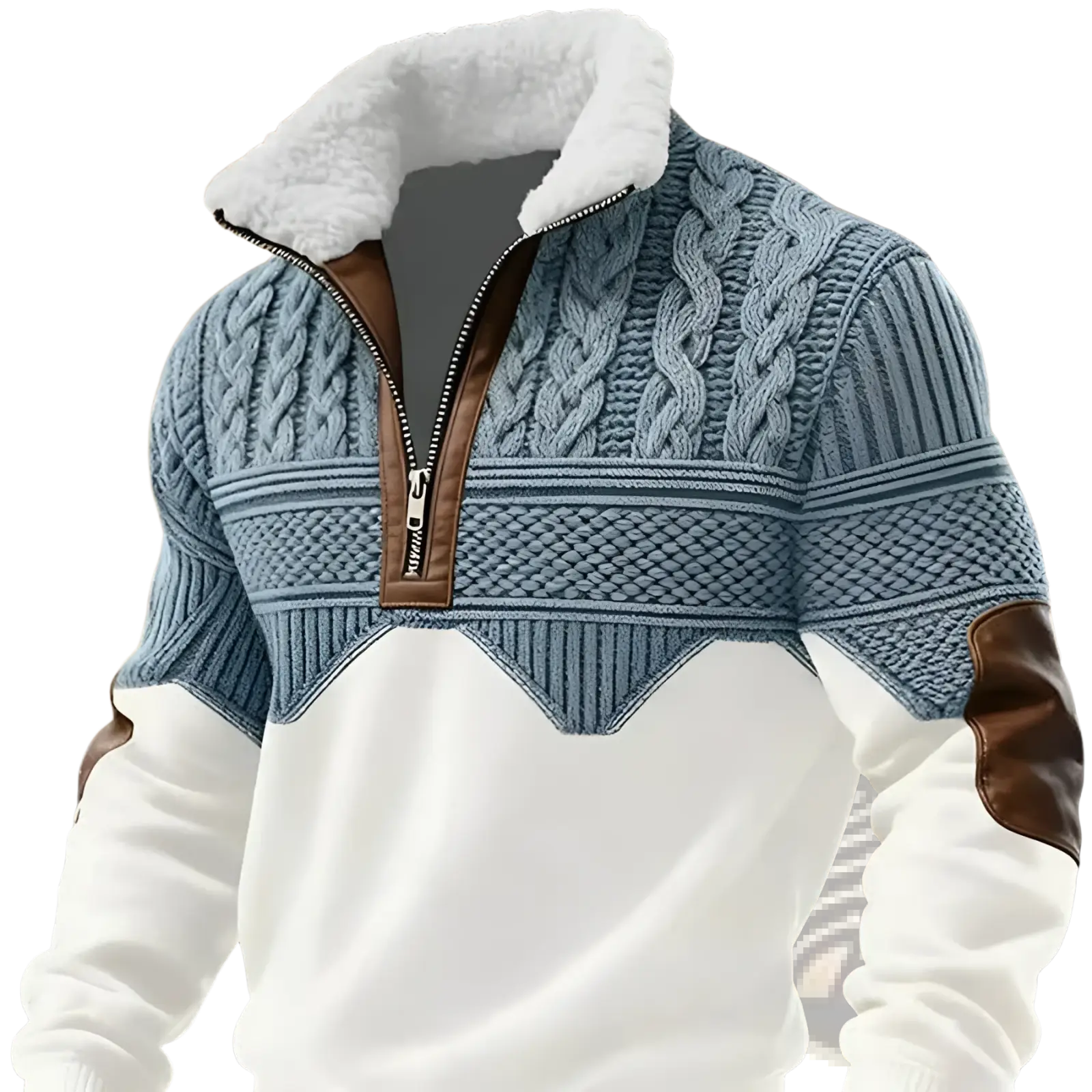 Men’s blue and white cable knit half zip sweater with faux fur collar and brown leather zipper and shoulder accents