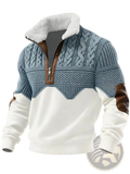 Men’s blue and white knit sweater with faux fur trim collar and brown leather zipper and sleeve accents