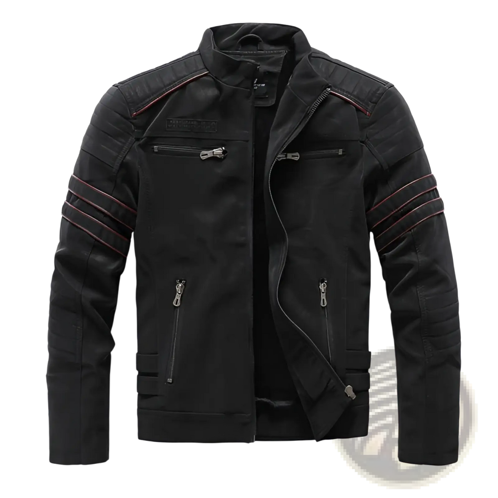 Men’s faux leather biker jacket in black with red stitching accents and silver zippers for a stylish look