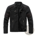 Men’s faux leather biker jacket in black with red stitching accents and silver zippers for a stylish look