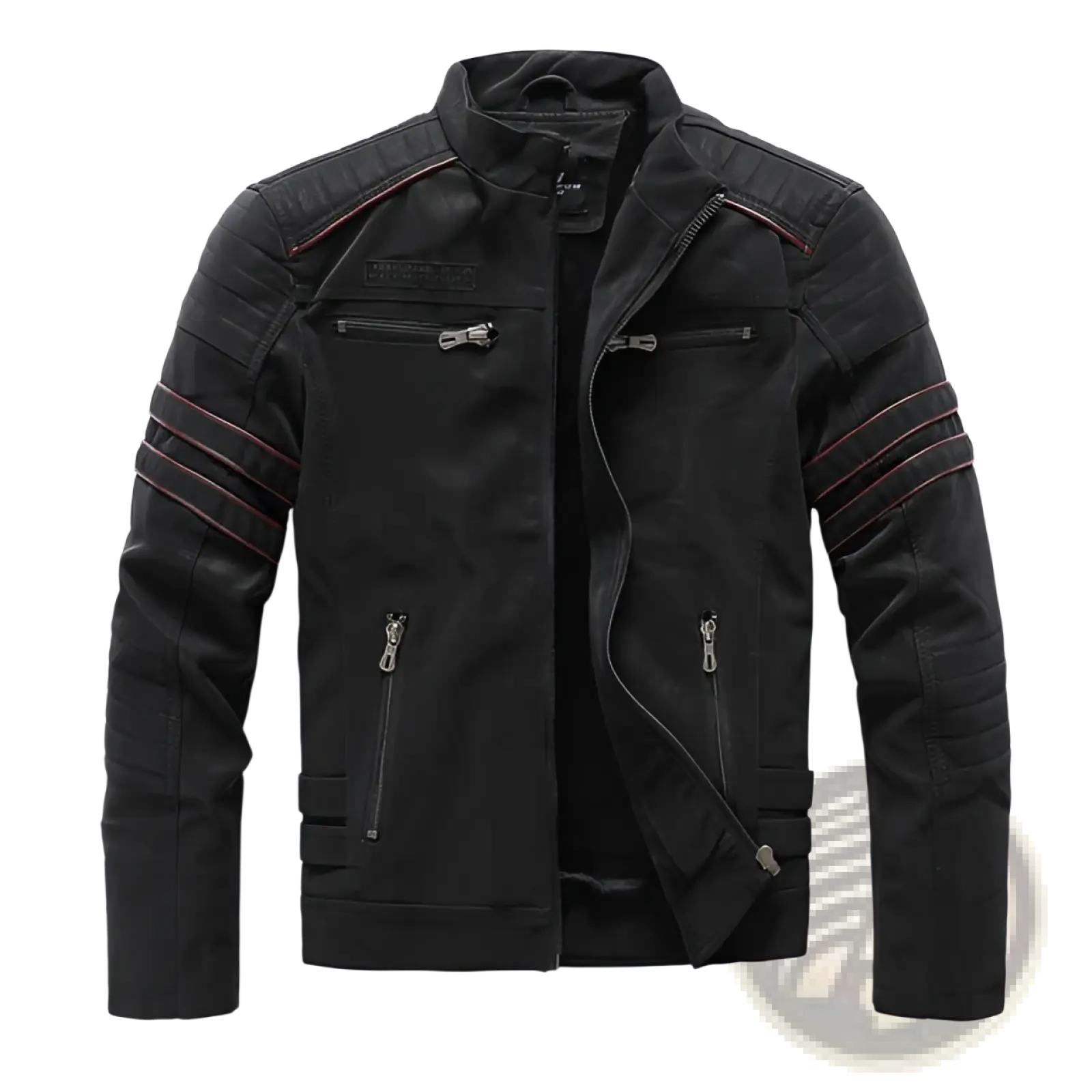 Men’s faux leather biker jacket in black with red stitching accents and silver zippers for a stylish look