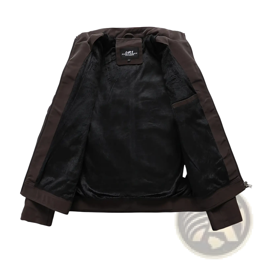Men’s brown faux leather bomber jacket with plush black interior lining for biker and casual wear