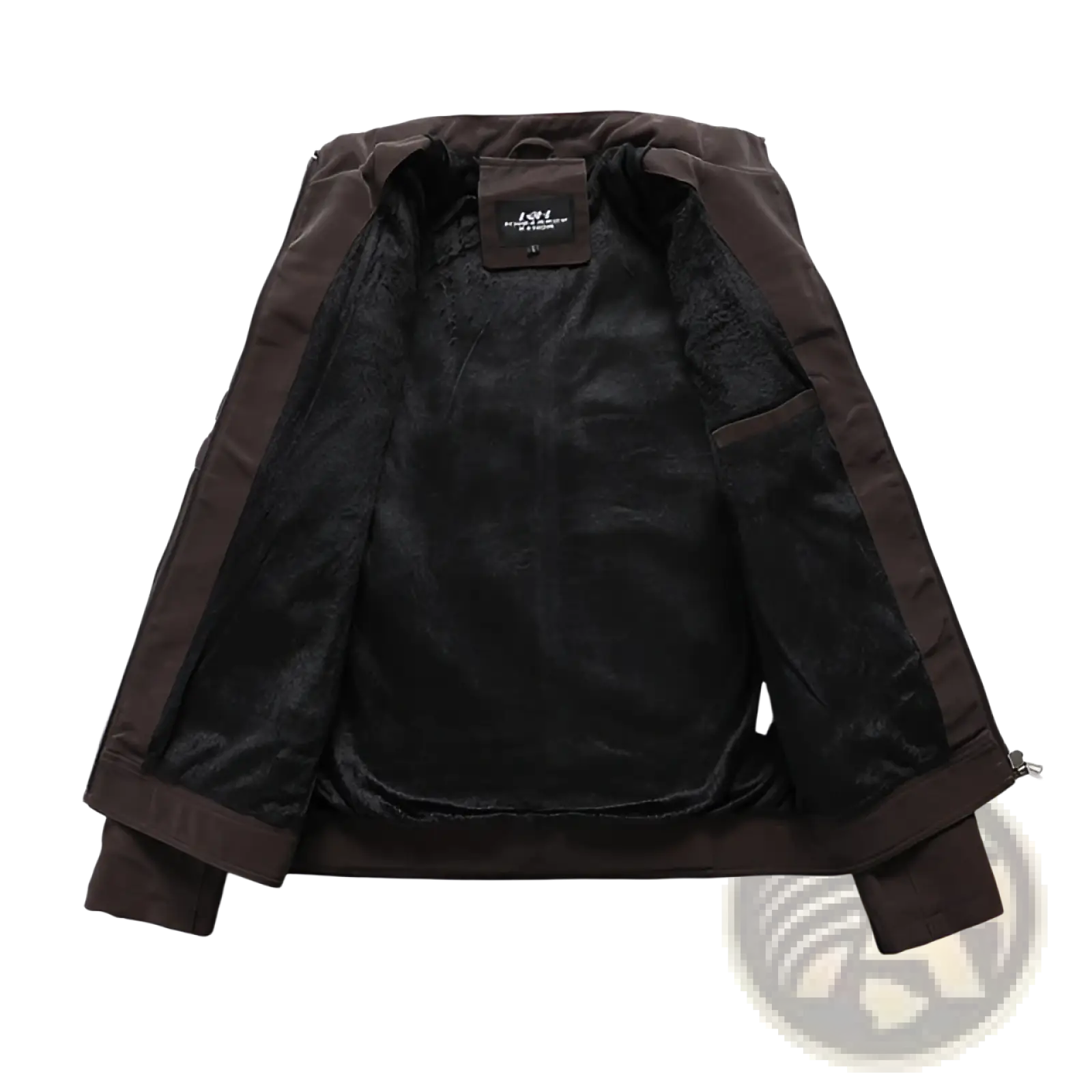 Men’s brown faux leather bomber jacket with plush black interior lining for biker and casual wear
