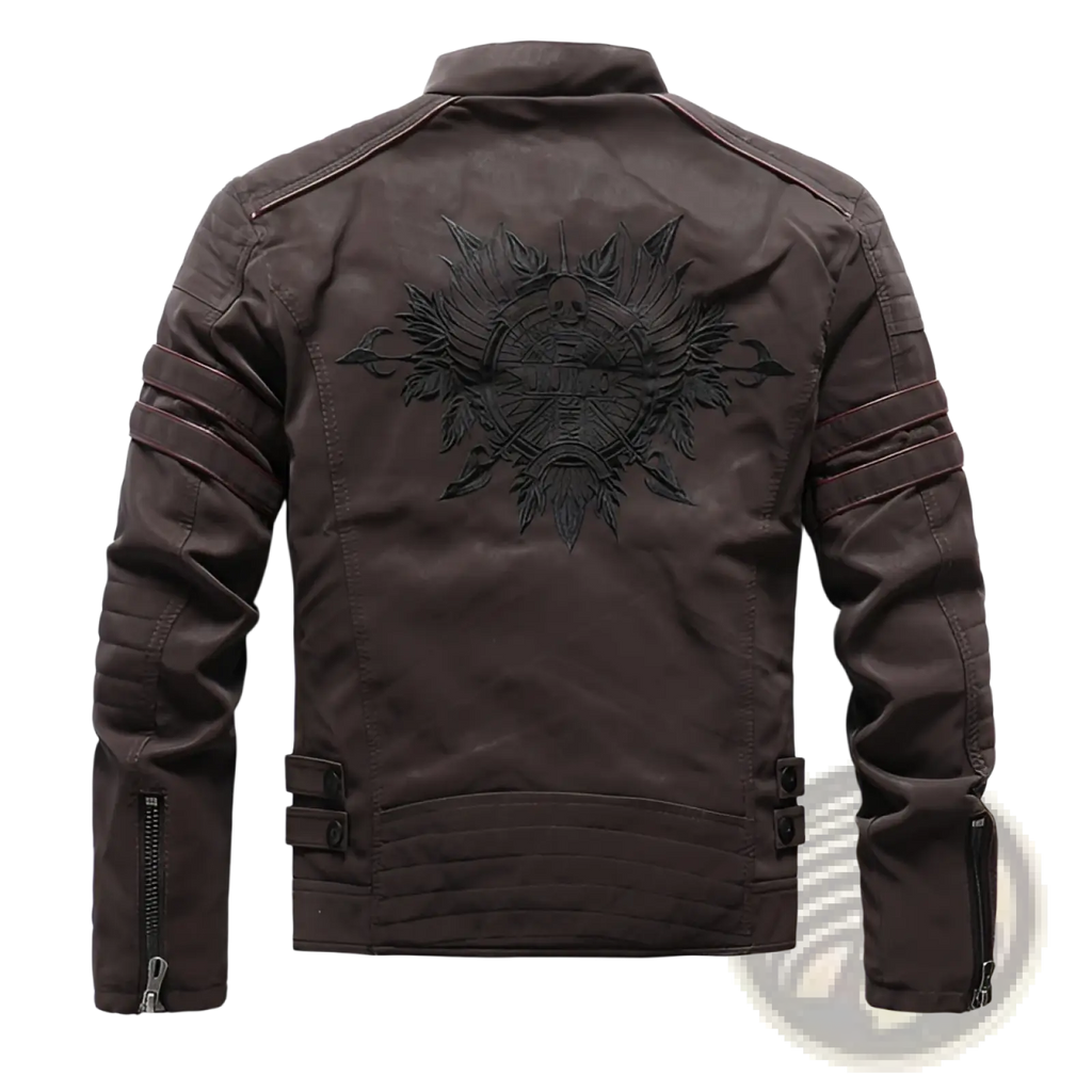 Dark brown faux leather men’s biker jacket showing back with black embroidered wings and skull emblem