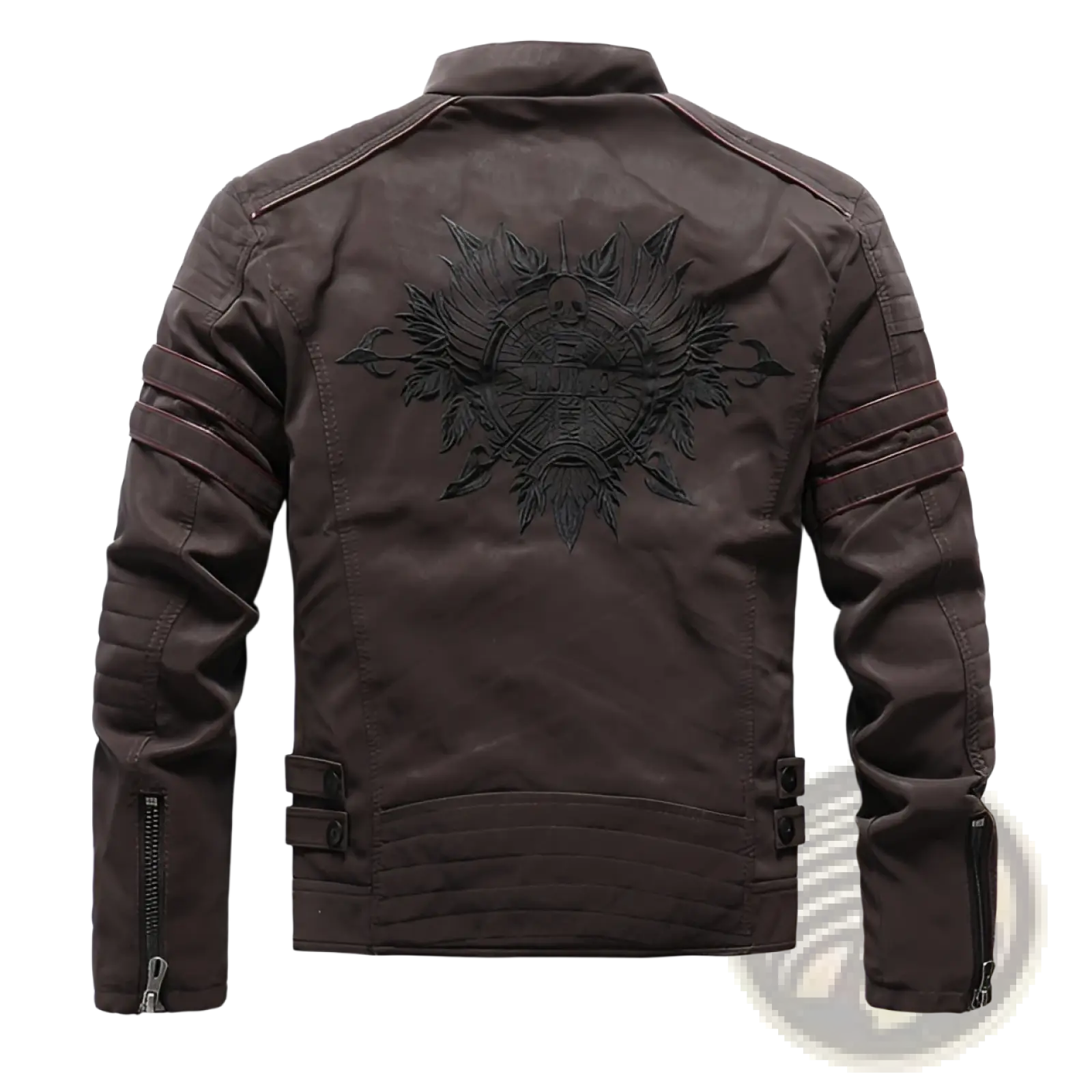 Dark brown faux leather men’s biker jacket showing back with black embroidered wings and skull emblem