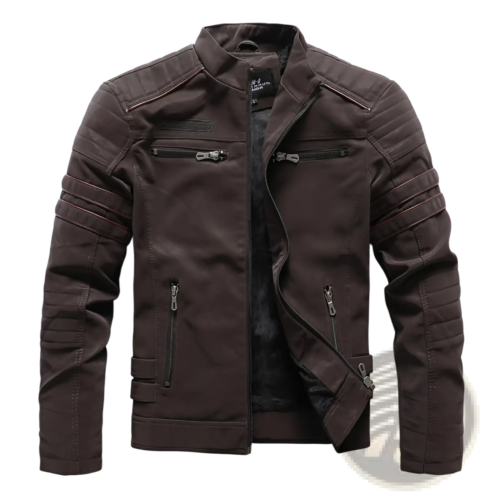 Men’s brown faux leather biker jacket with quilted panels and silver zippers in leather-style finish