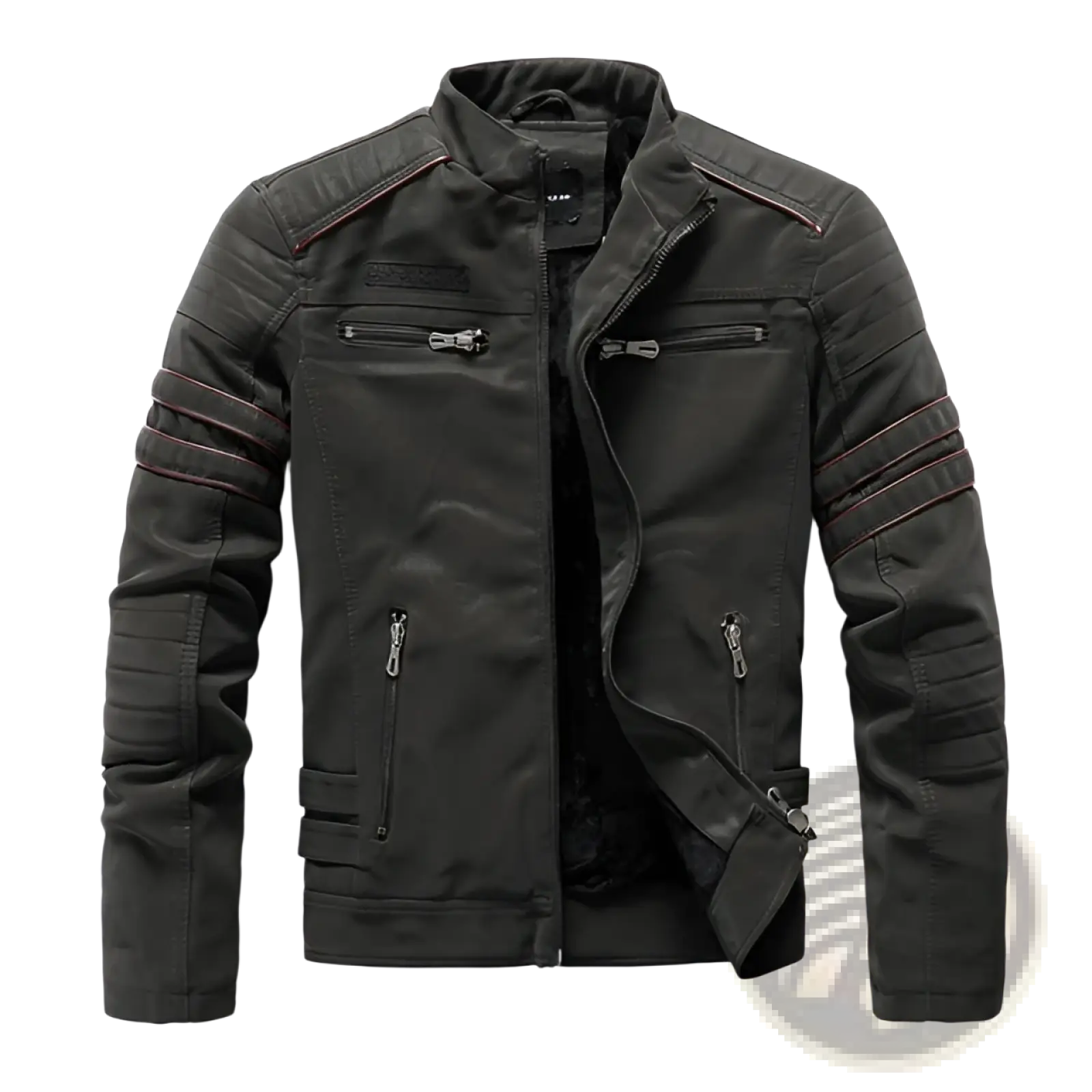 Men’s faux leather biker jacket in black with red stitching and multiple zippers for a stylish look
