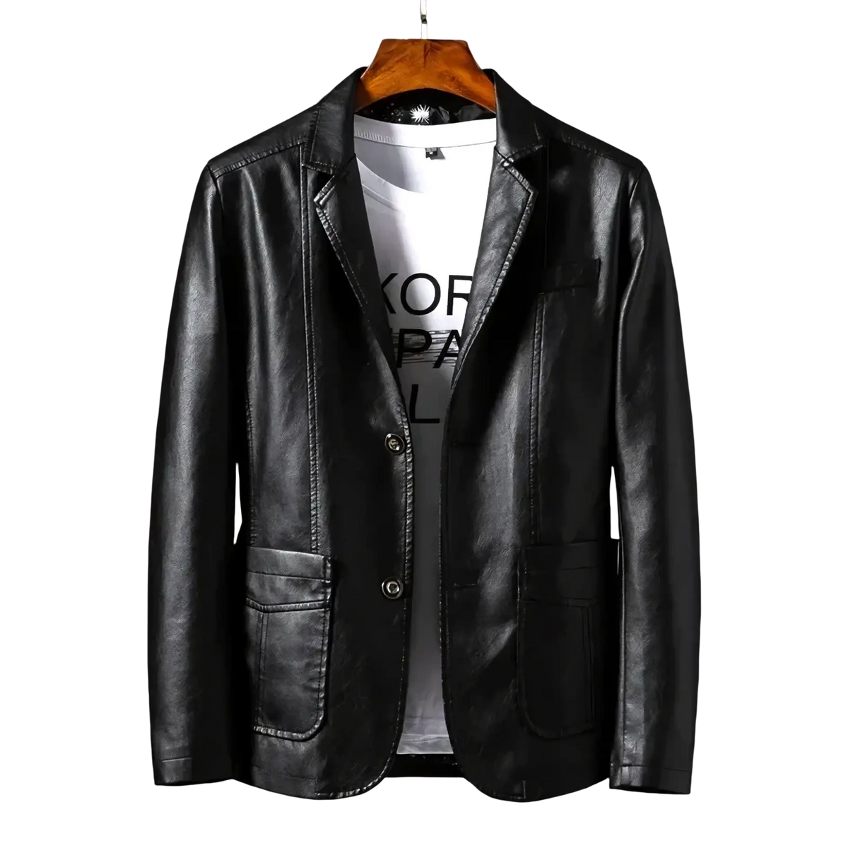 Men’s black faux leather blazer slim business jacket with two front buttons and flap pockets