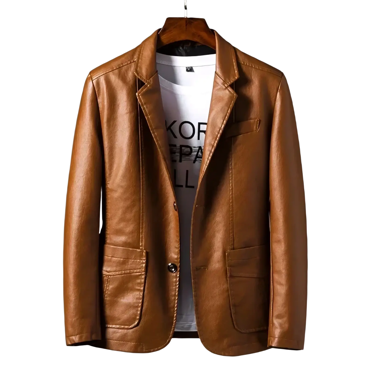 Men’s brown faux leather blazer with classic double-breasted design and two front pockets slim business jacket