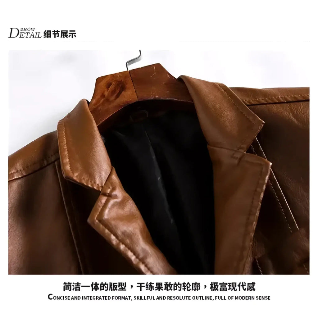Men’s brown faux leather blazer slim business jacket with sleek modern design and black interior lining