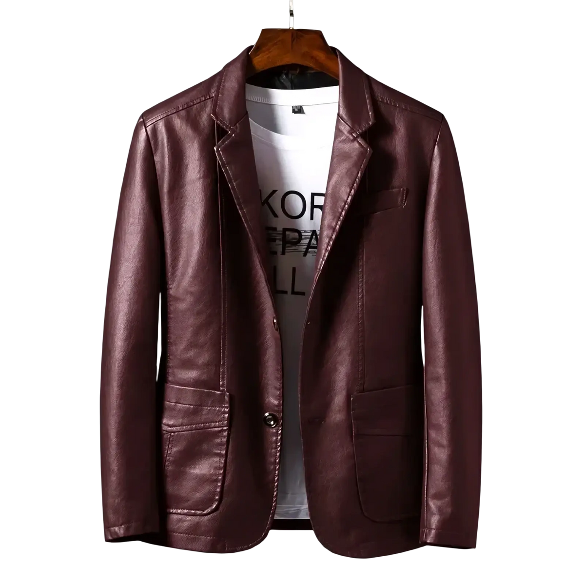 Men’s maroon faux leather slim blazer with a sleek modern design and two front flap pockets for business use