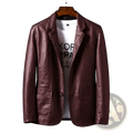 Men’s maroon faux leather slim blazer with a sleek modern design and two front flap pockets for business use