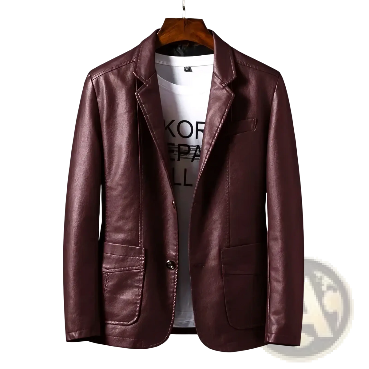 Men’s maroon faux leather slim blazer with a sleek modern design and two front flap pockets for business use