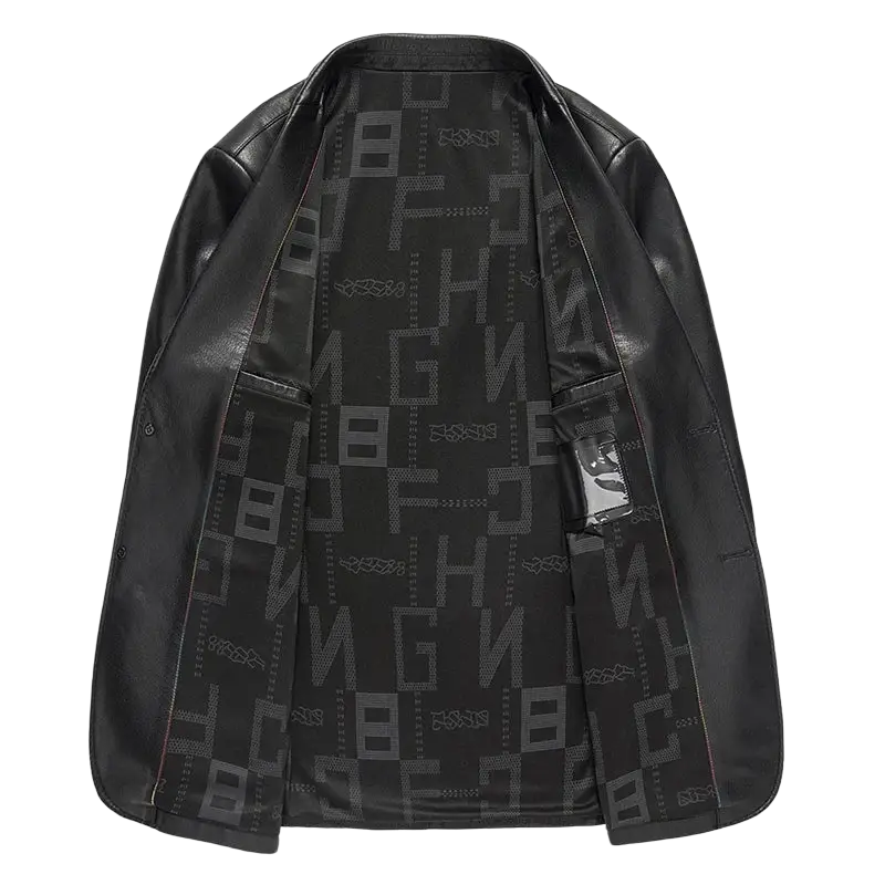 Men’s black faux leather slim fit blazer with bold geometric letter pattern on interior lining winter jacket