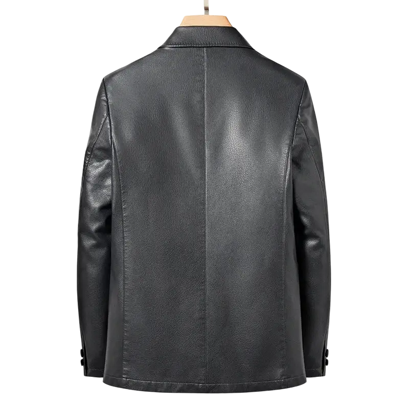 Men’s black faux leather blazer with a smooth glossy finish and classic tailored slim fit winter jacket design