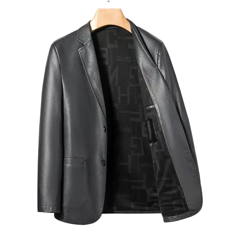 Men’s black faux leather slim fit blazer winter jacket with subtle geometric pattern on interior lining