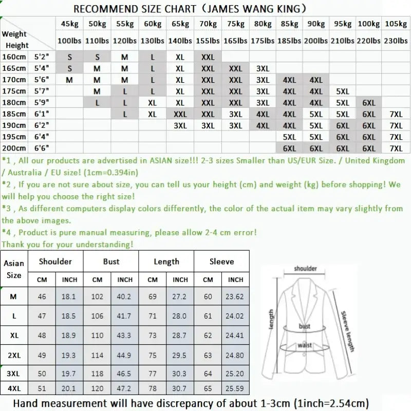Men’s faux leather blazer slim fit winter jacket size chart by james wang king brand showing asian measurements for shoulder bust length and sleeve