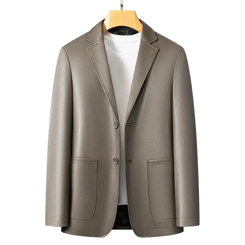 Men’s taupe slim fit faux leather blazer with double-breasted design and front pockets winter jacket