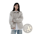 Men’s beige faux leather bomber jacket with structured collar and buttoned cuffs in a relaxed fit outerwear style