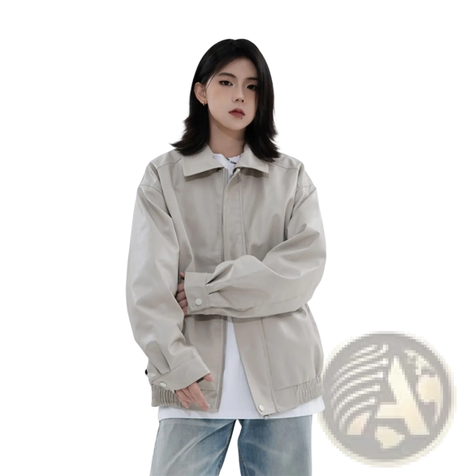 Men’s beige faux leather bomber jacket with structured collar and buttoned cuffs in a relaxed fit outerwear style