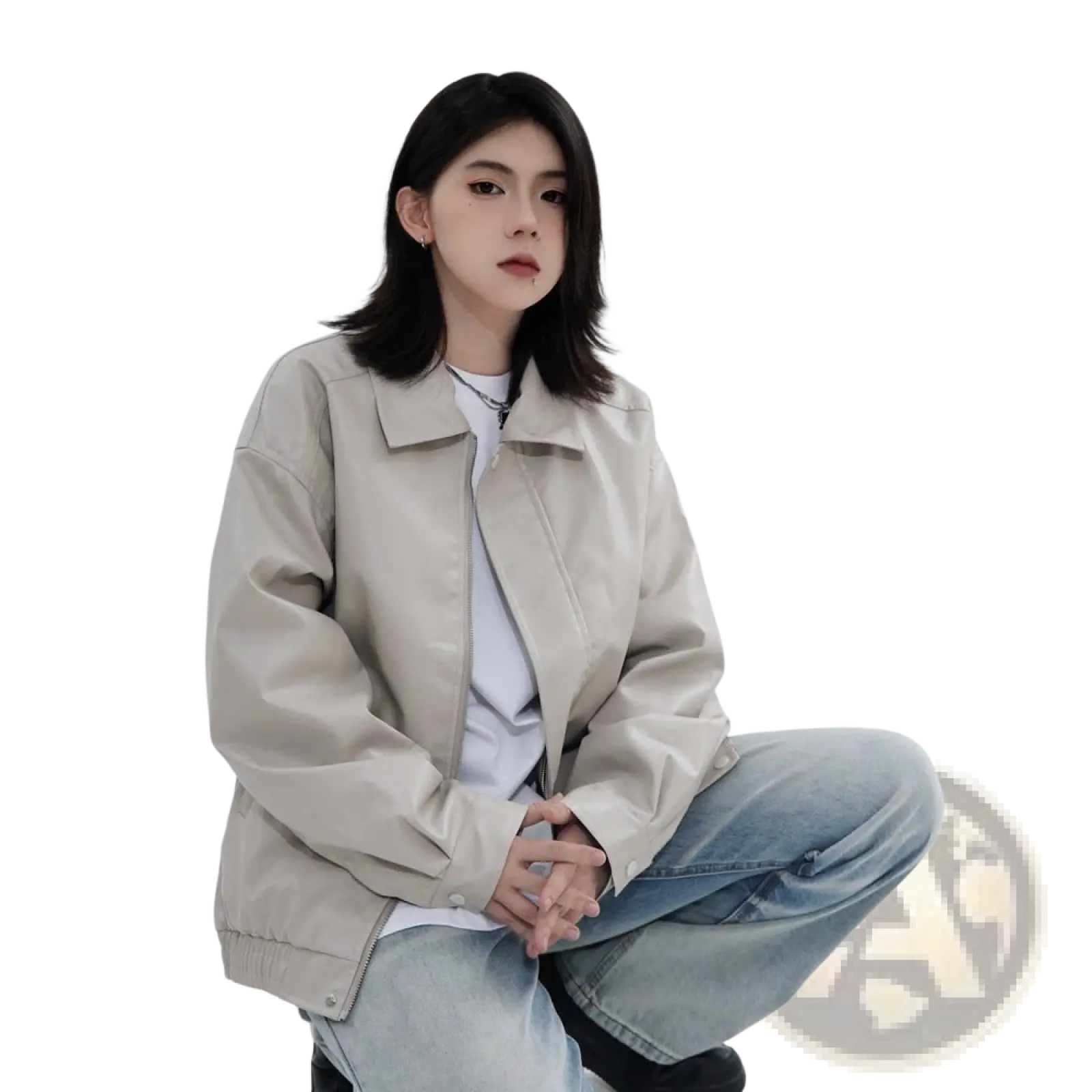 Beige men’s faux leather bomber jacket with classic collar and zipper closure in a relaxed fit style