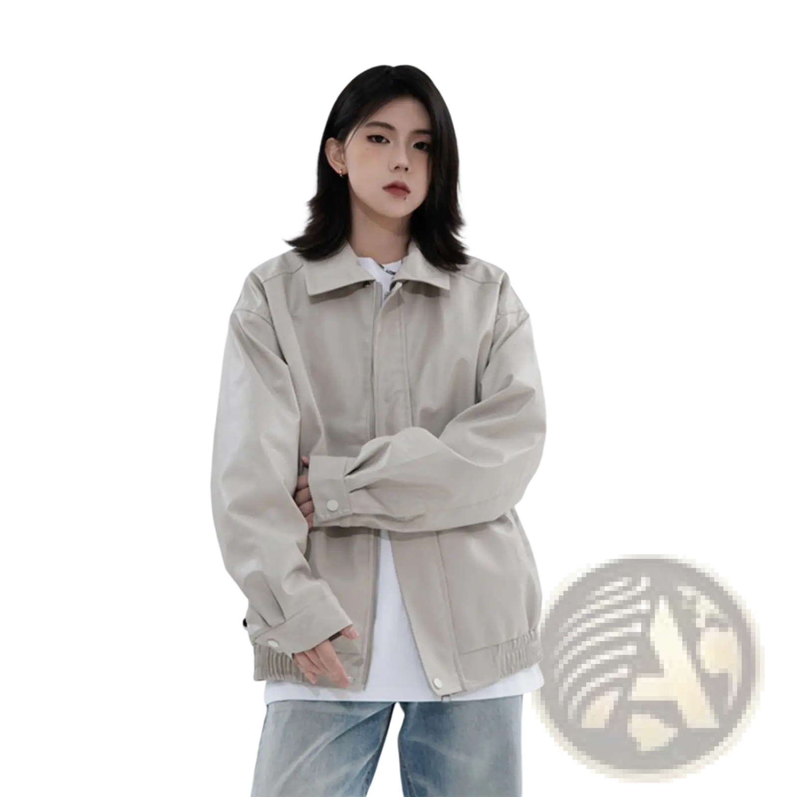 Beige men’s faux leather bomber jacket with relaxed fit, button closures, and elastic cuffs for casual outerwear