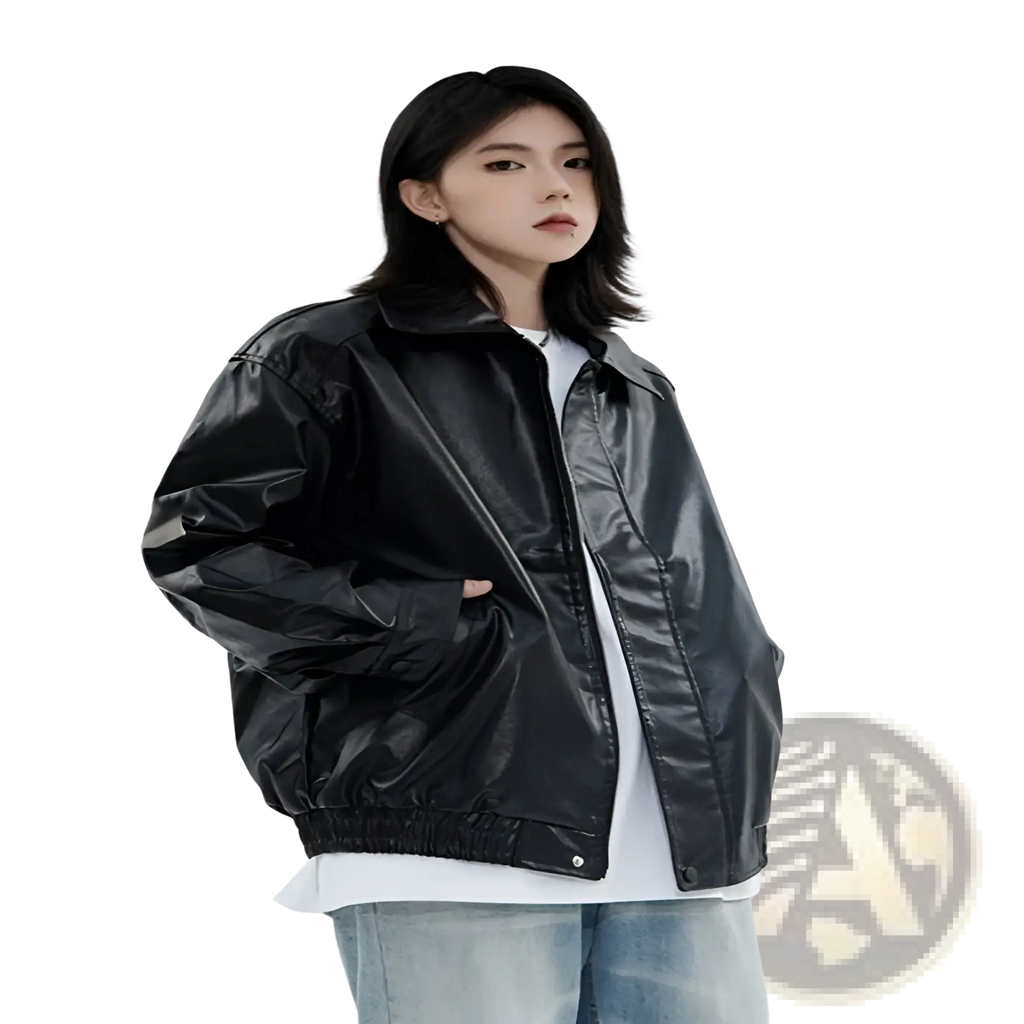 Men’s black glossy faux leather bomber jacket with relaxed fit and elastic waistband outerwear front view