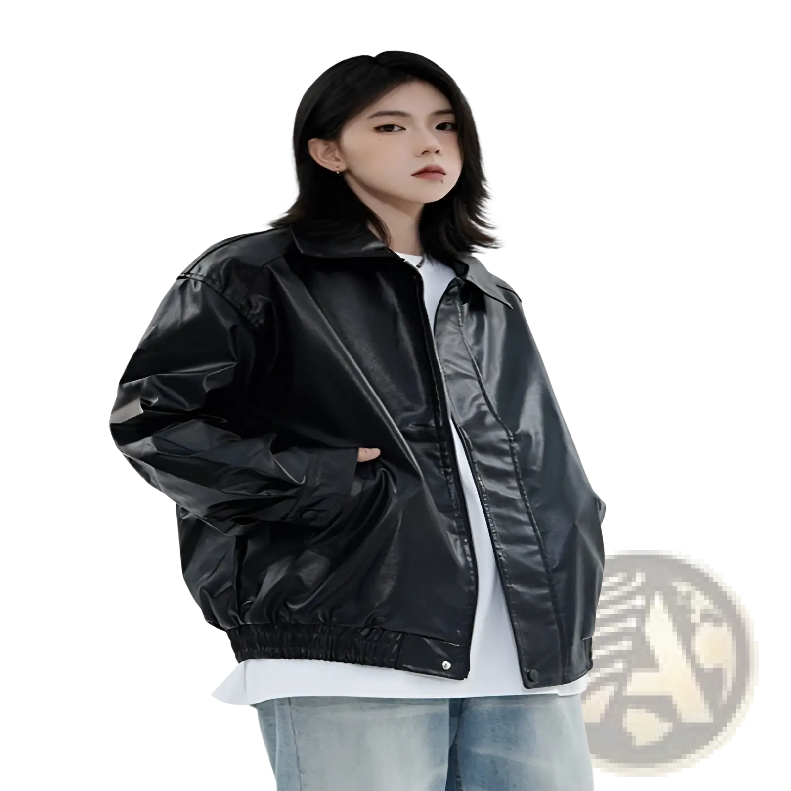 Men’s black glossy faux leather bomber jacket with relaxed fit and elastic waistband outerwear front view