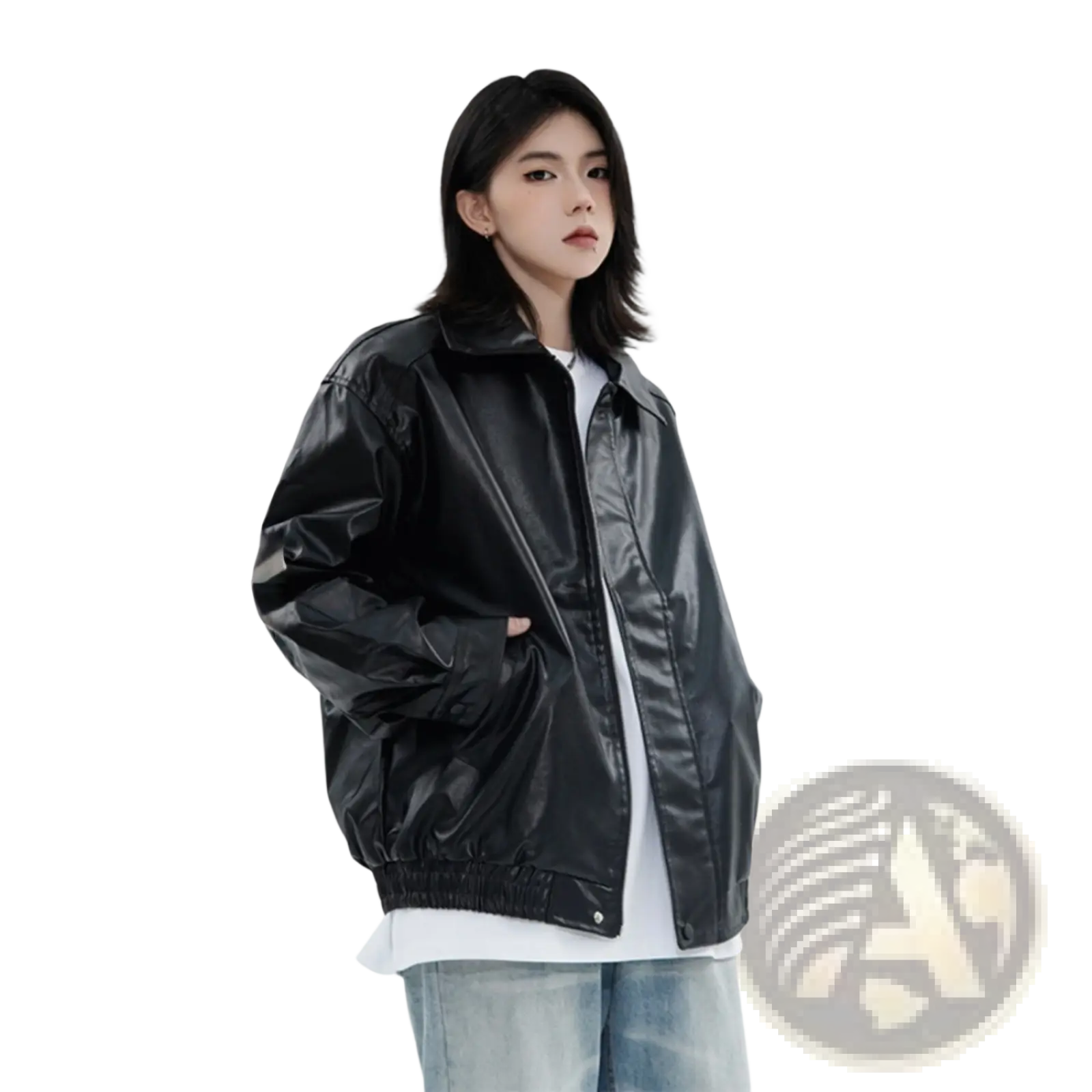 Men’s black glossy faux leather bomber jacket with relaxed fit ideal for stylish outerwear