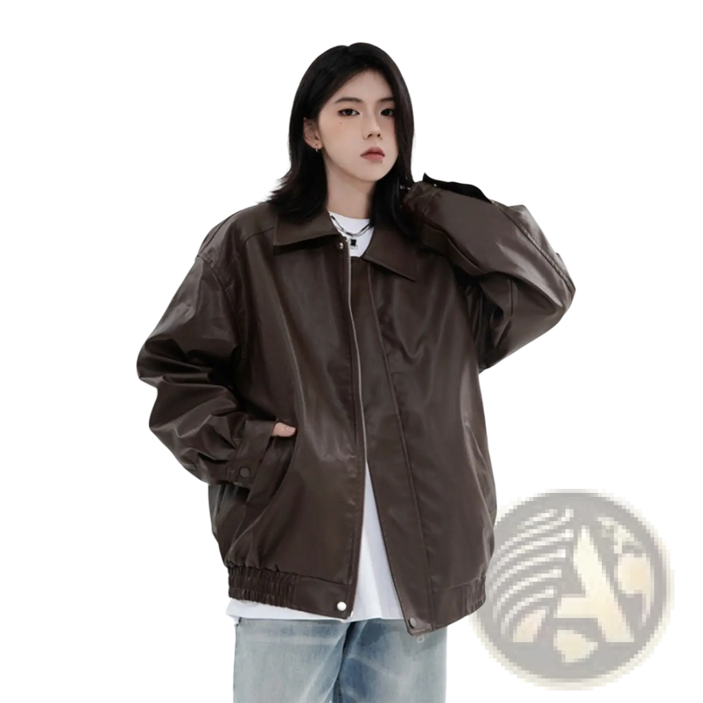 Brown faux leather bomber jacket with relaxed fit and ribbed cuffs for men’s casual outerwear wear