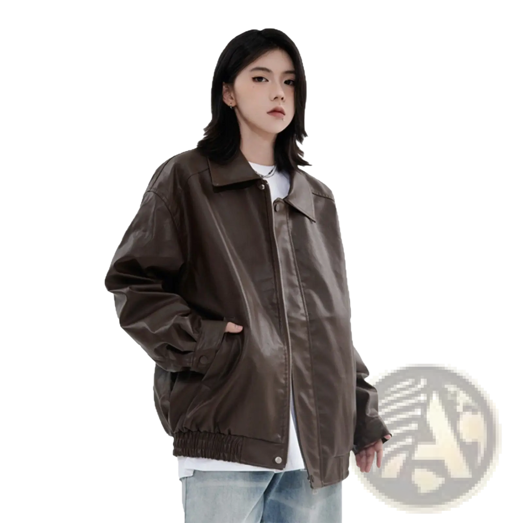 Men’s brown faux leather bomber jacket with relaxed fit and ribbed cuffs for stylish outerwear wear