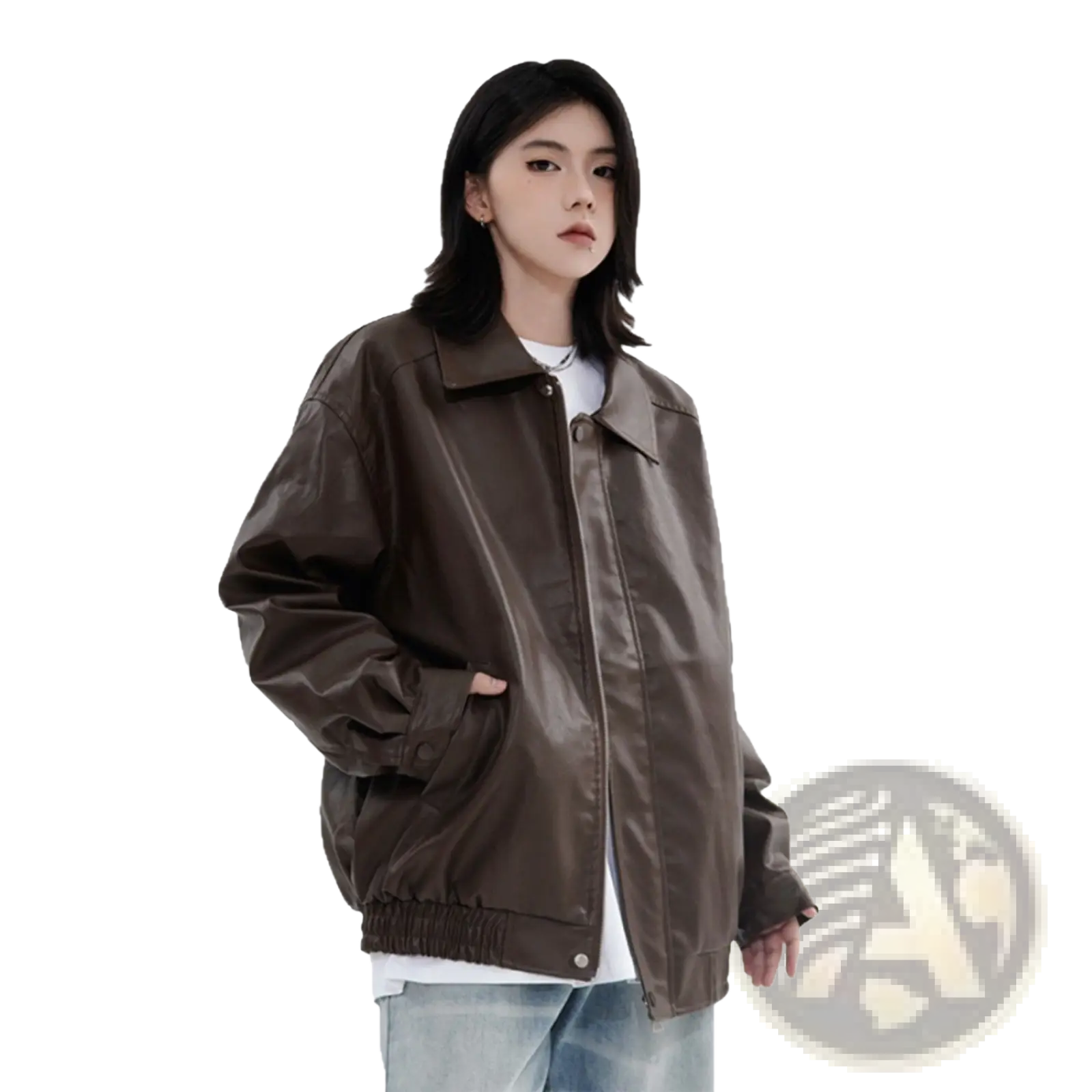 Men’s brown faux leather bomber jacket with relaxed fit and ribbed cuffs for stylish outerwear wear
