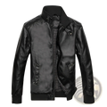 Men’s black faux leather bomber jacket with stand collar and plaid lining for stylish casual wear