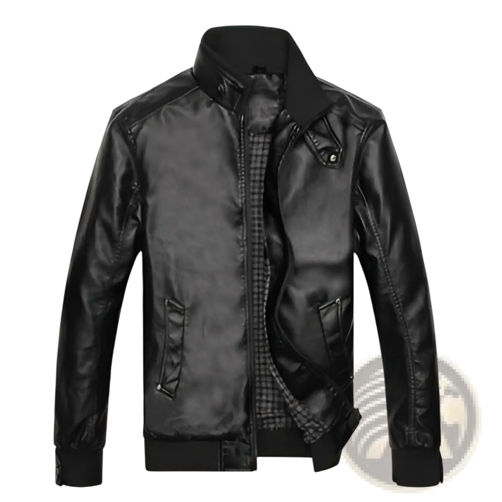 Men’s black faux leather bomber jacket with stand collar and plaid lining for stylish casual wear