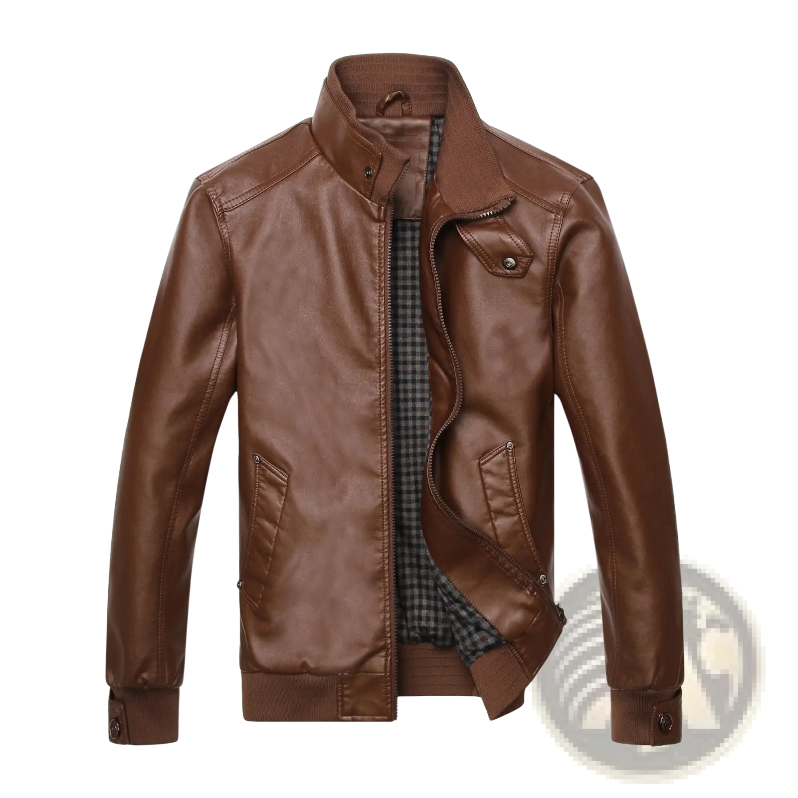 Men’s brown faux leather bomber jacket with stand collar front zipper and two slanted side pockets