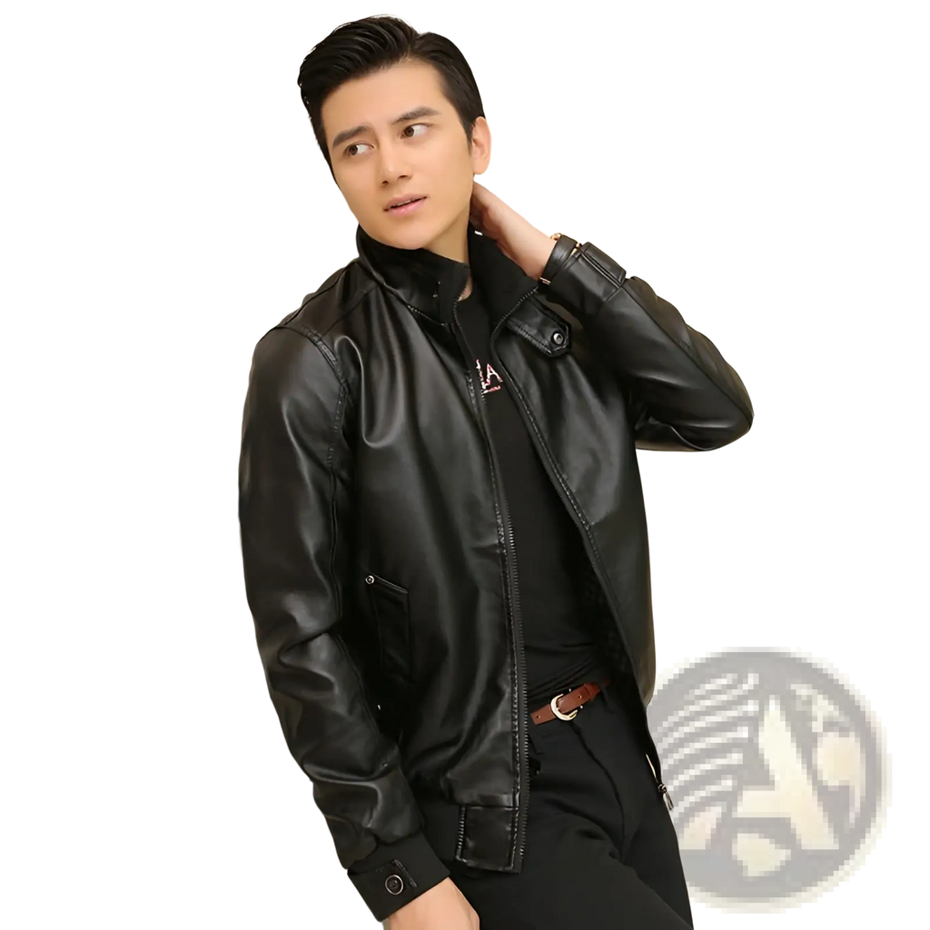 Men’s black faux leather bomber jacket with stand collar and front zipper for stylish outerwear look