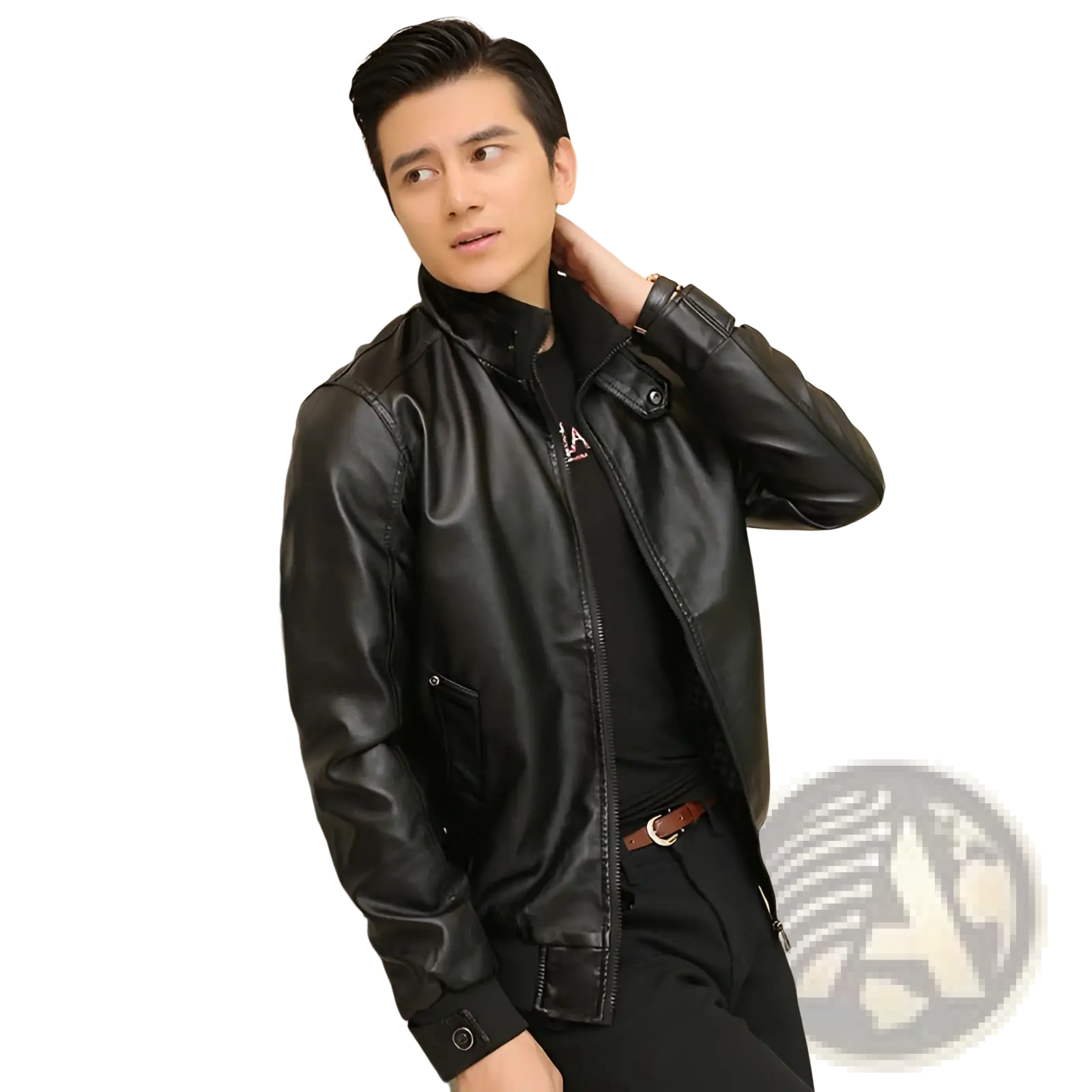 Men’s black faux leather bomber jacket with stand collar and front zipper for stylish outerwear look