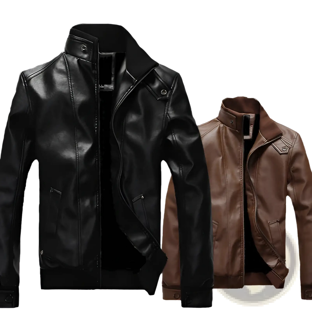 Men’s faux leather bomber jackets in black and brown with snap-button collars and front pockets
