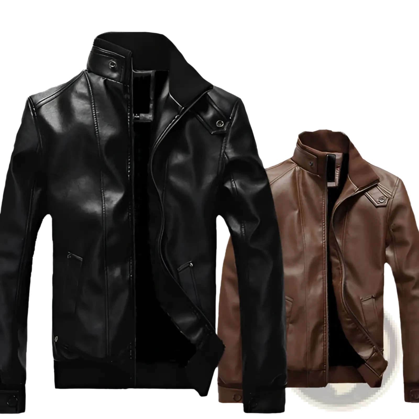 Men’s faux leather bomber jackets in black and brown with snap-button collars and front pockets