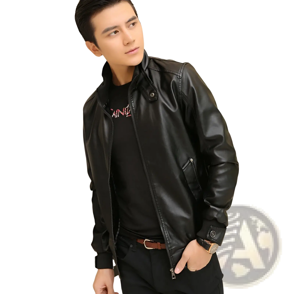 Men’s black faux leather bomber jacket with stand collar, zipper front, and two side pockets