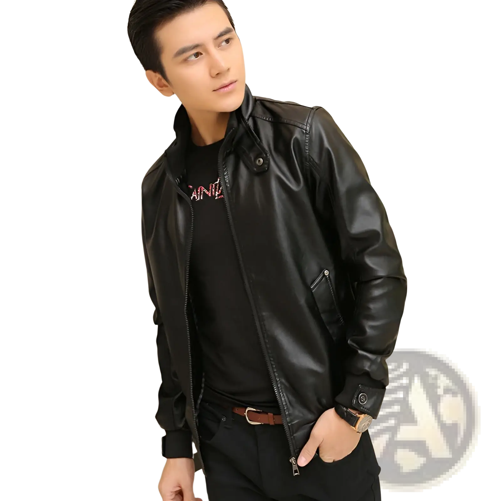 Men’s black faux leather bomber jacket with stand collar, zipper front, and two side pockets