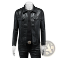 Men’s black faux leather motorcycle jacket with classic collar button front closure and two chest pockets